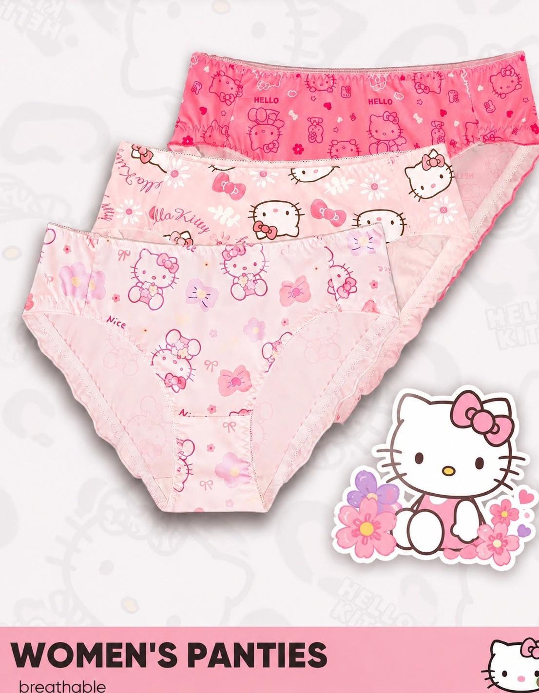 Women’s Teens Hello Kitty Cartoon Kawaii Briefs Stretch Fuchsia Pink White 3pk S