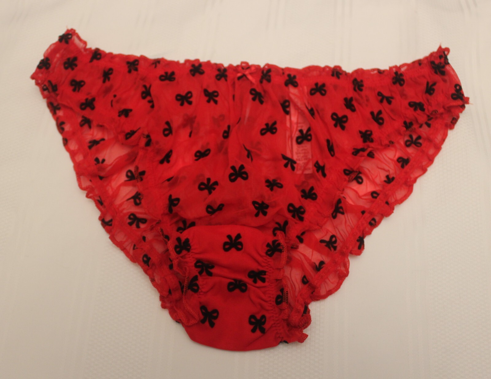 XL Victoria’s Secret Mesh Ruffle Cheekini Panties Lipstick Red w/ Black Ribbons