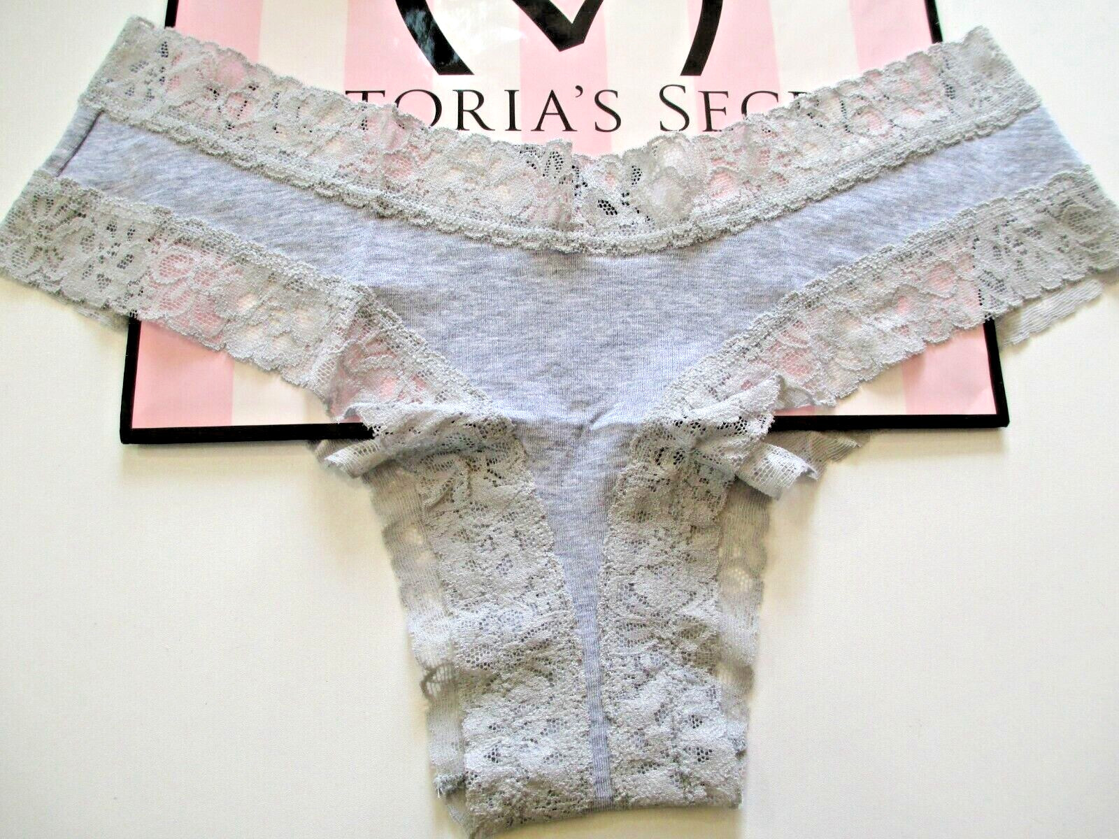 VICTORIA’S SECRET Cotton Cheeky Panty VS Gray Heather S M L Lace Trim NWT