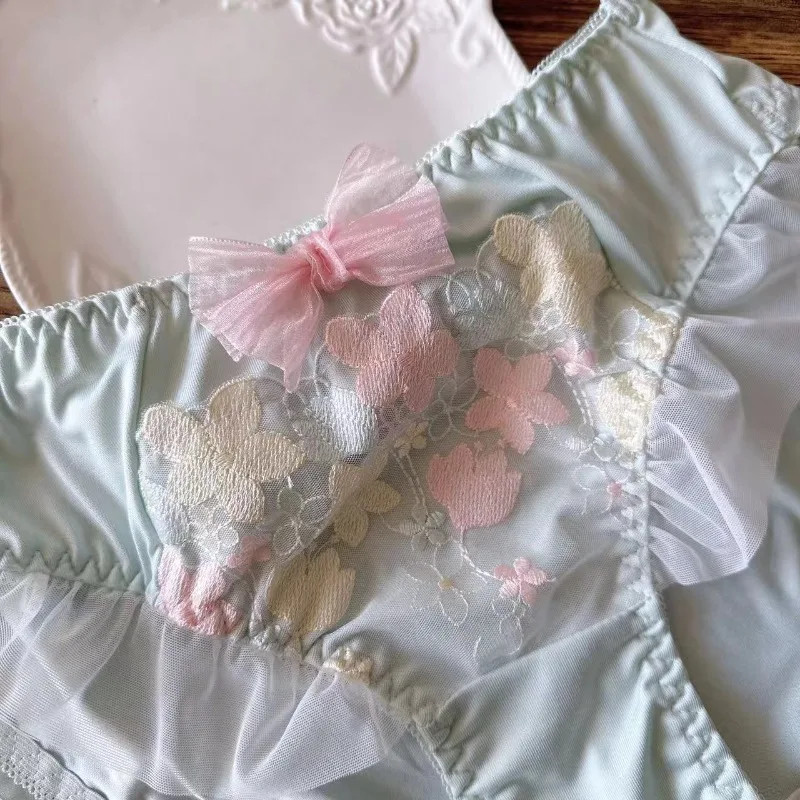 Embroidered Lace Briefs Mid Rise Bow Smooth Breathable Panties Women Soft