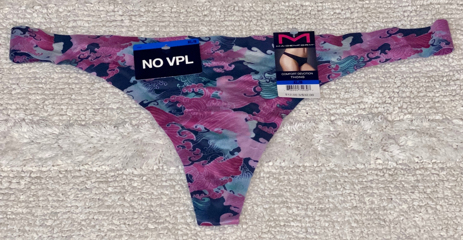 MAIDENFORM Comfort Devotion Tailored Floral Blue Pink Thong Panty Womens Sz XL 8