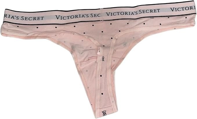Victoria’s Secret Logo X-Large Cotton Thong Panty Pink w/ Black Polka Dots NWT