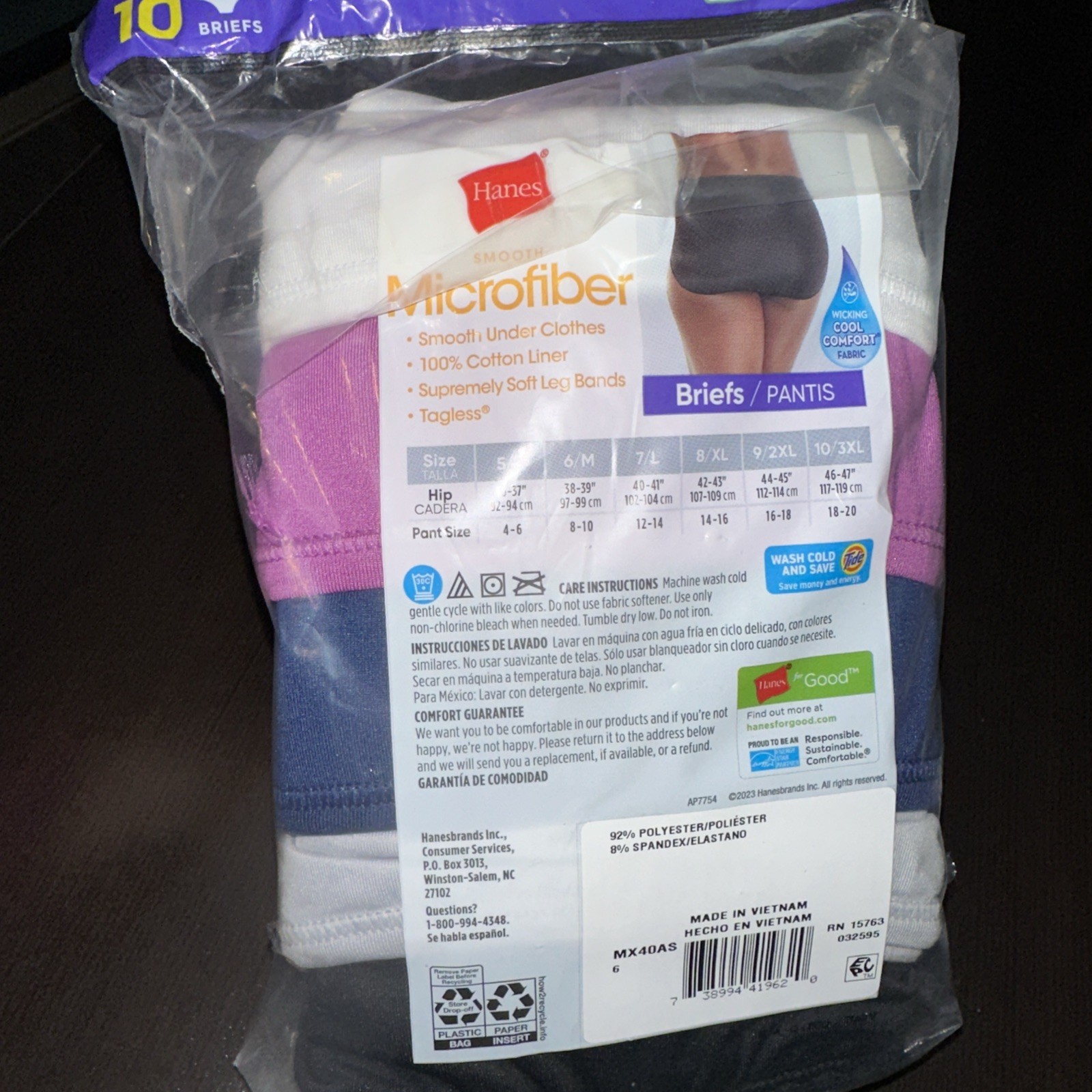 Hanes Women’s Microfiber Tagless Briefs 10 Pack Size 6/M #MX40AS