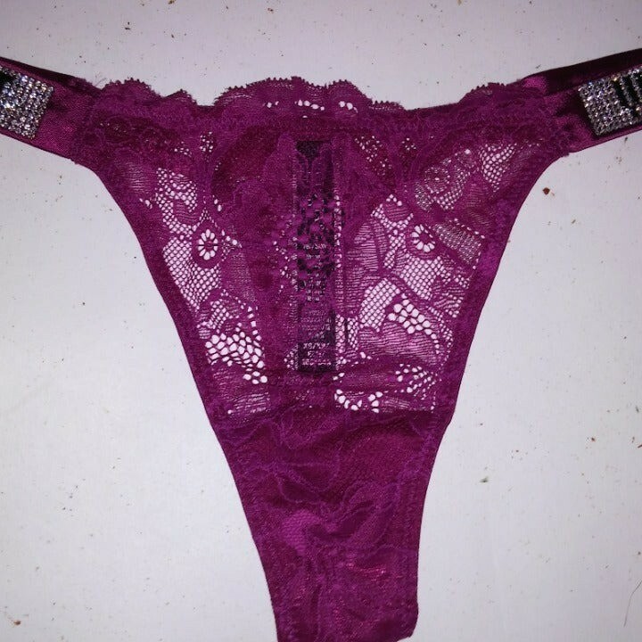 Victoria Secret Panty Thong XS Shine Strap Fuchsia Lace Bling Solid New