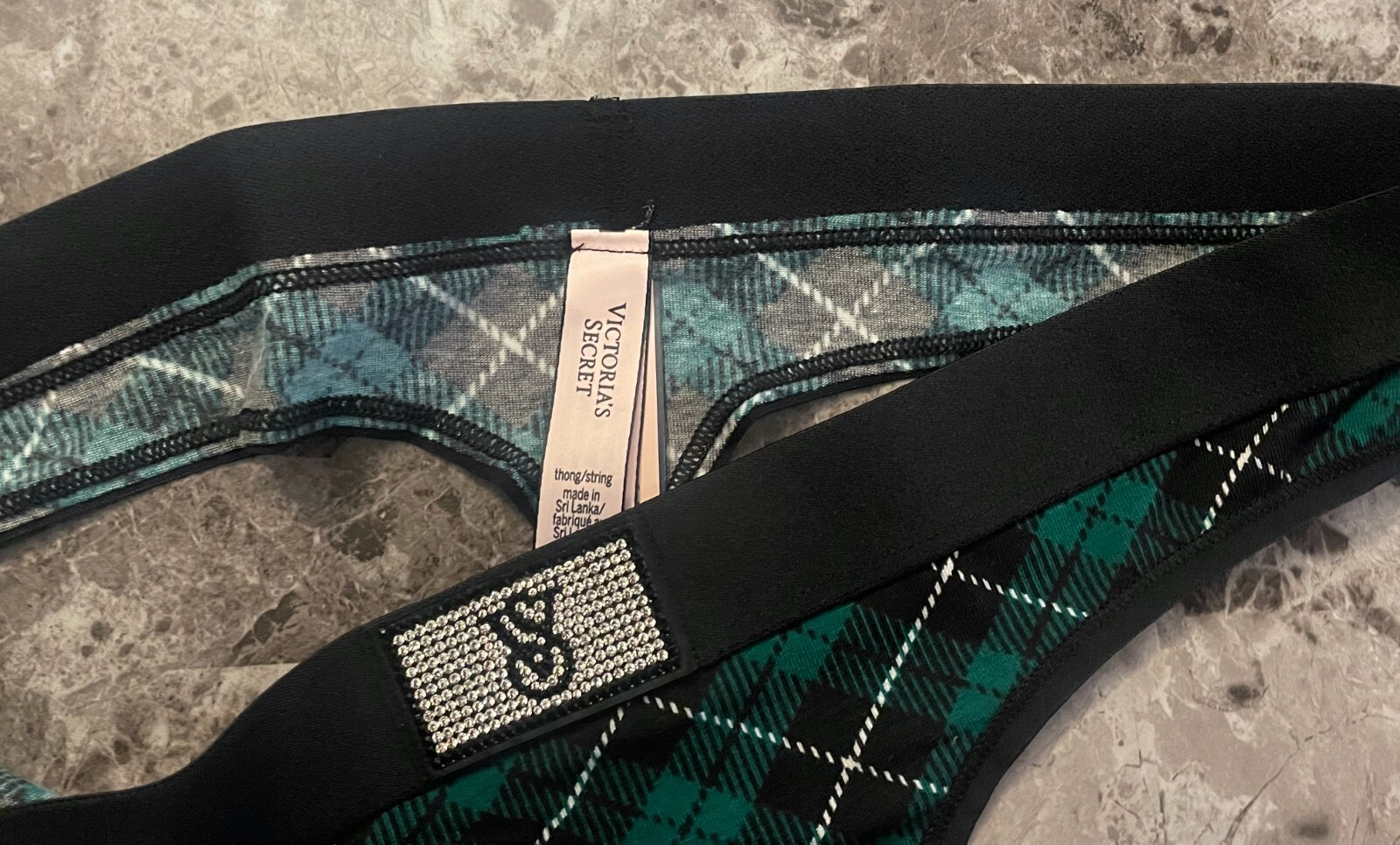 NWT VICTORIA’S SECRET XS GREEN PLAID RHINESTONE SHINE THICK BAND THONG PANTIES