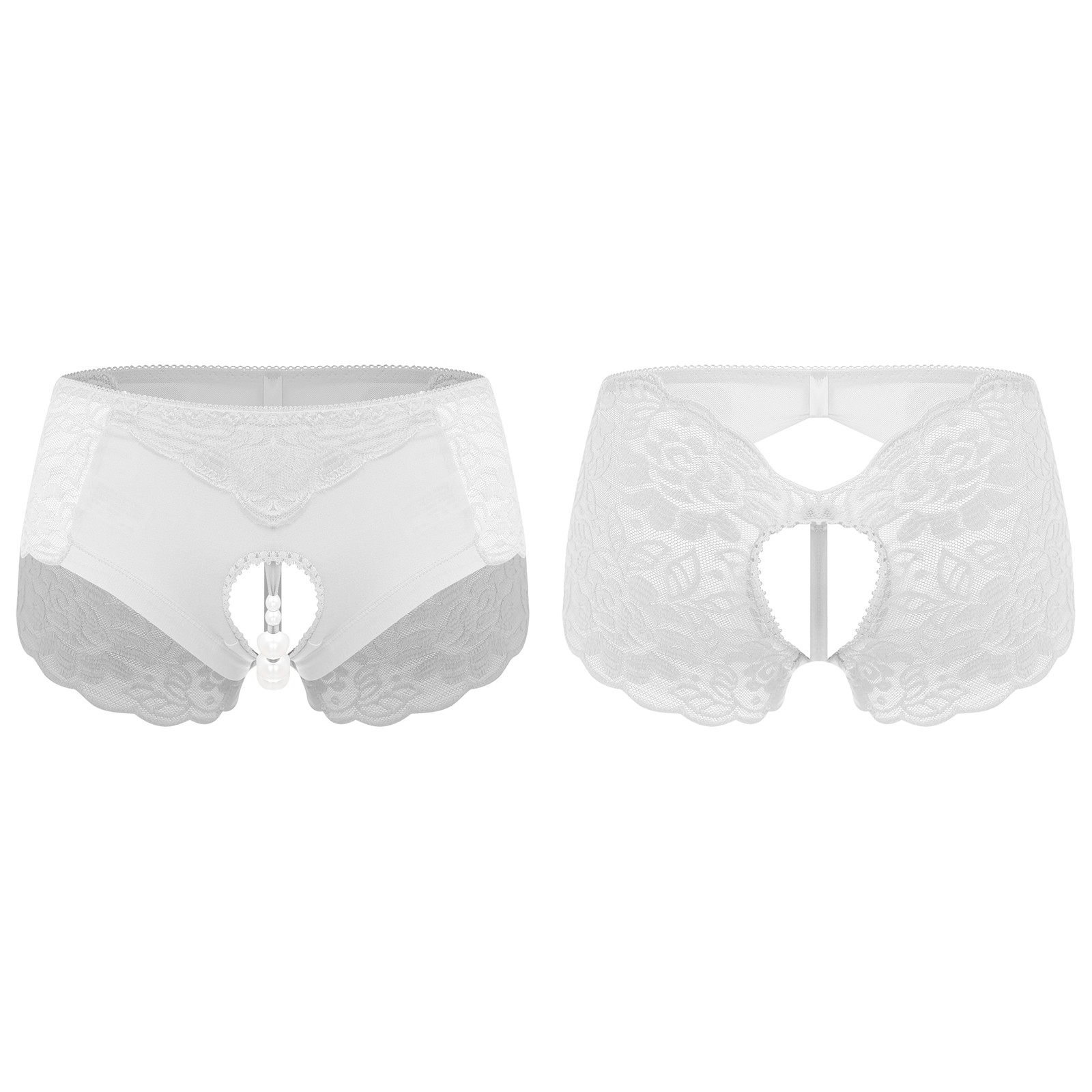 Women Faux Pearl Band Massaging Lace Panties Open Crotch Bikini Briefs Underwear