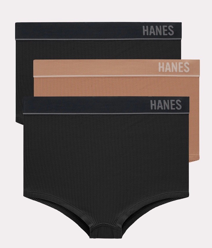 HANES Originals 3-Pair Boyshort Underwear Panties Ribbed Nylon Black Tan Size XL