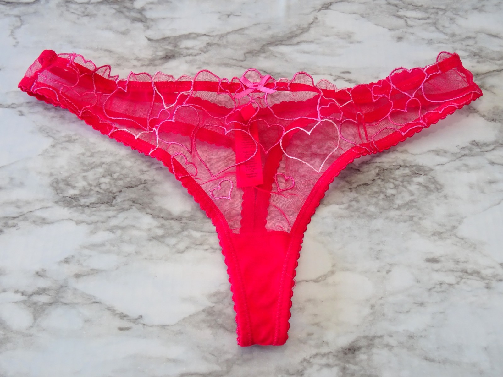 Skims# Tulle Embroidered Heart Mesh Thong 1-Pack Panties US Size L