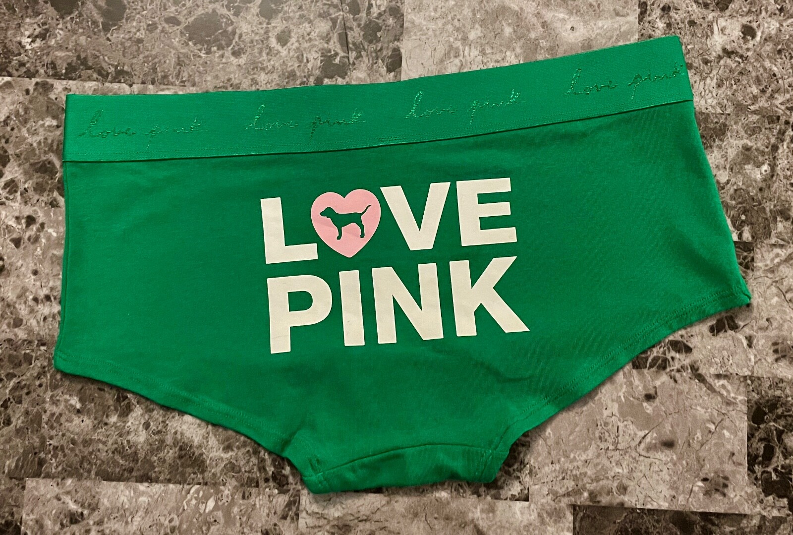 NWT VICTORIA’S SECRET PINK ORIGINALS GREEN DOG HEART THICK LOGO BOYSHORT PANTIES