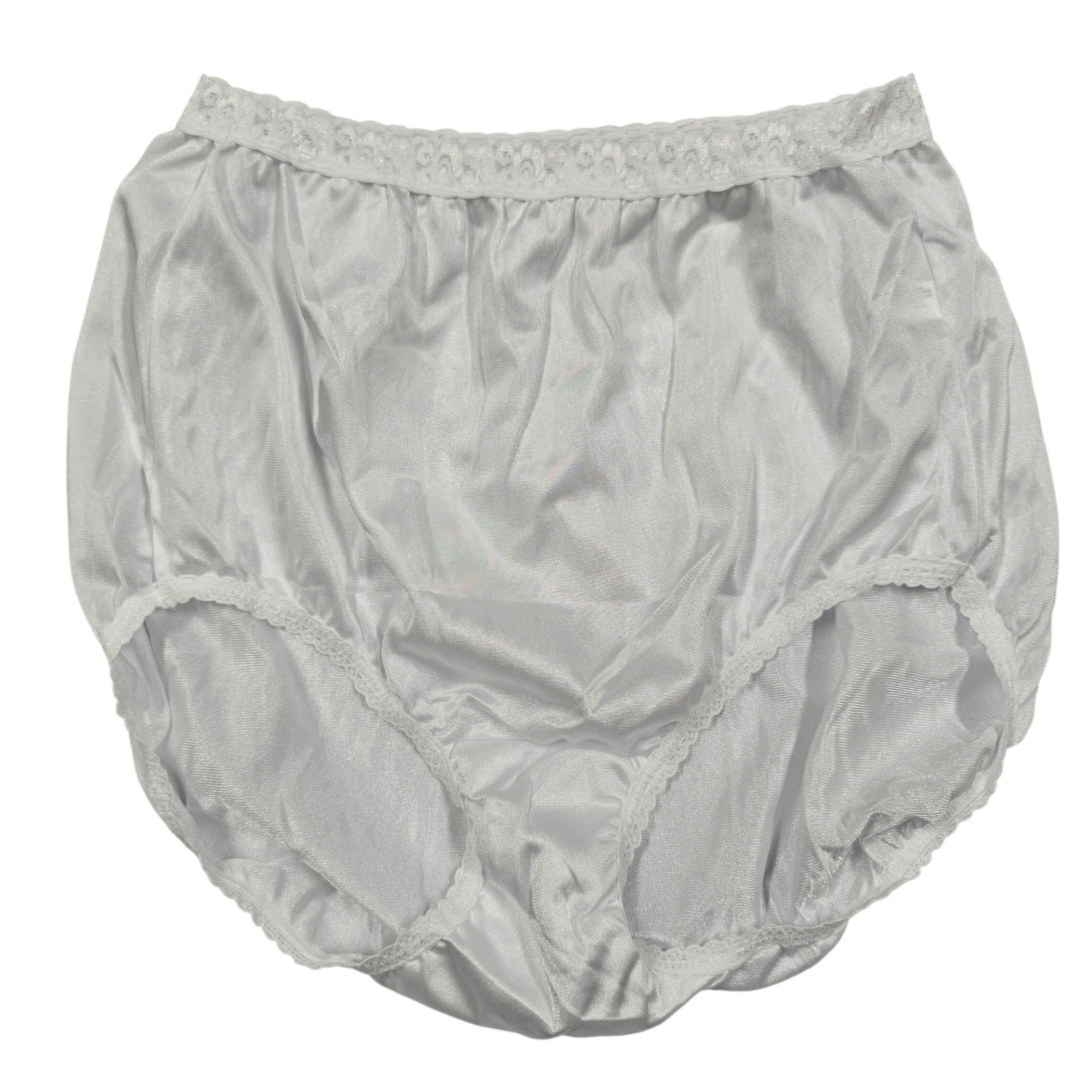 VTG 90s high-waisted, full-coverage shiny, semi-sheer nylon w lace trim 8