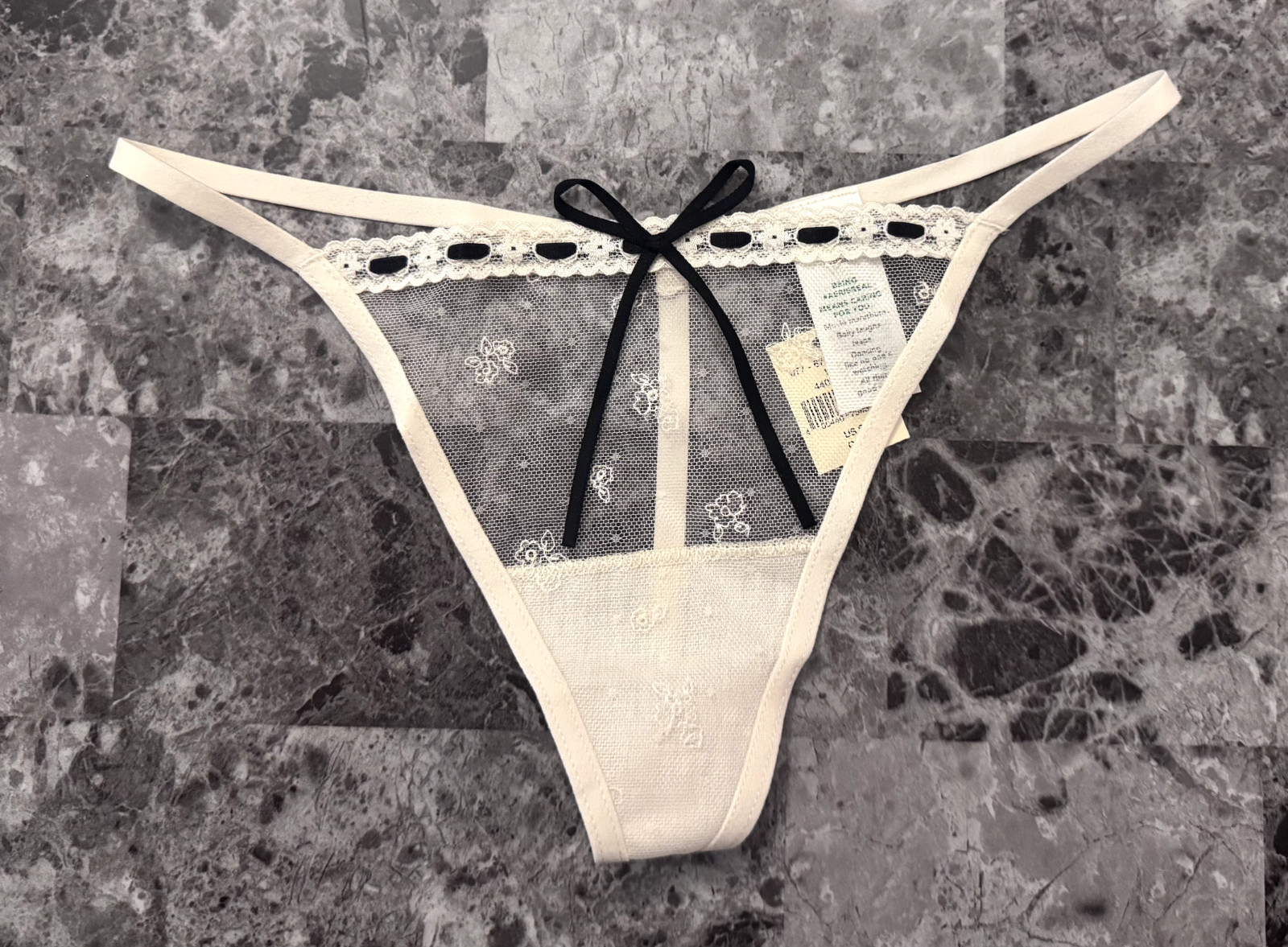 NWT AERIE AMERICAN EAGLE EMBROIDERED IVORY FLORAL NETTED LACE V STRING PANTIES