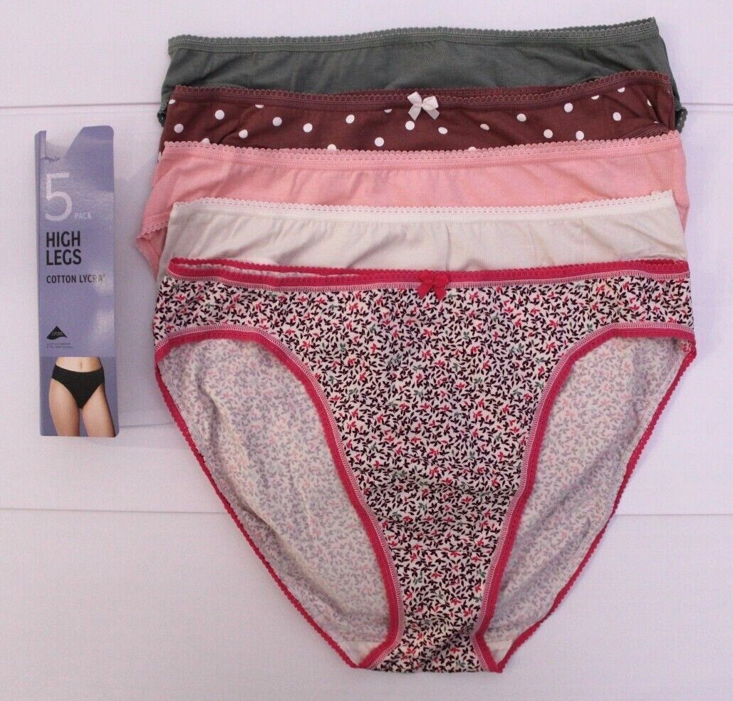 Ex M & S Ladies 5 Pack Cotton Lycra High Legs Briefs Knickers ~ Sizes 10 to 22