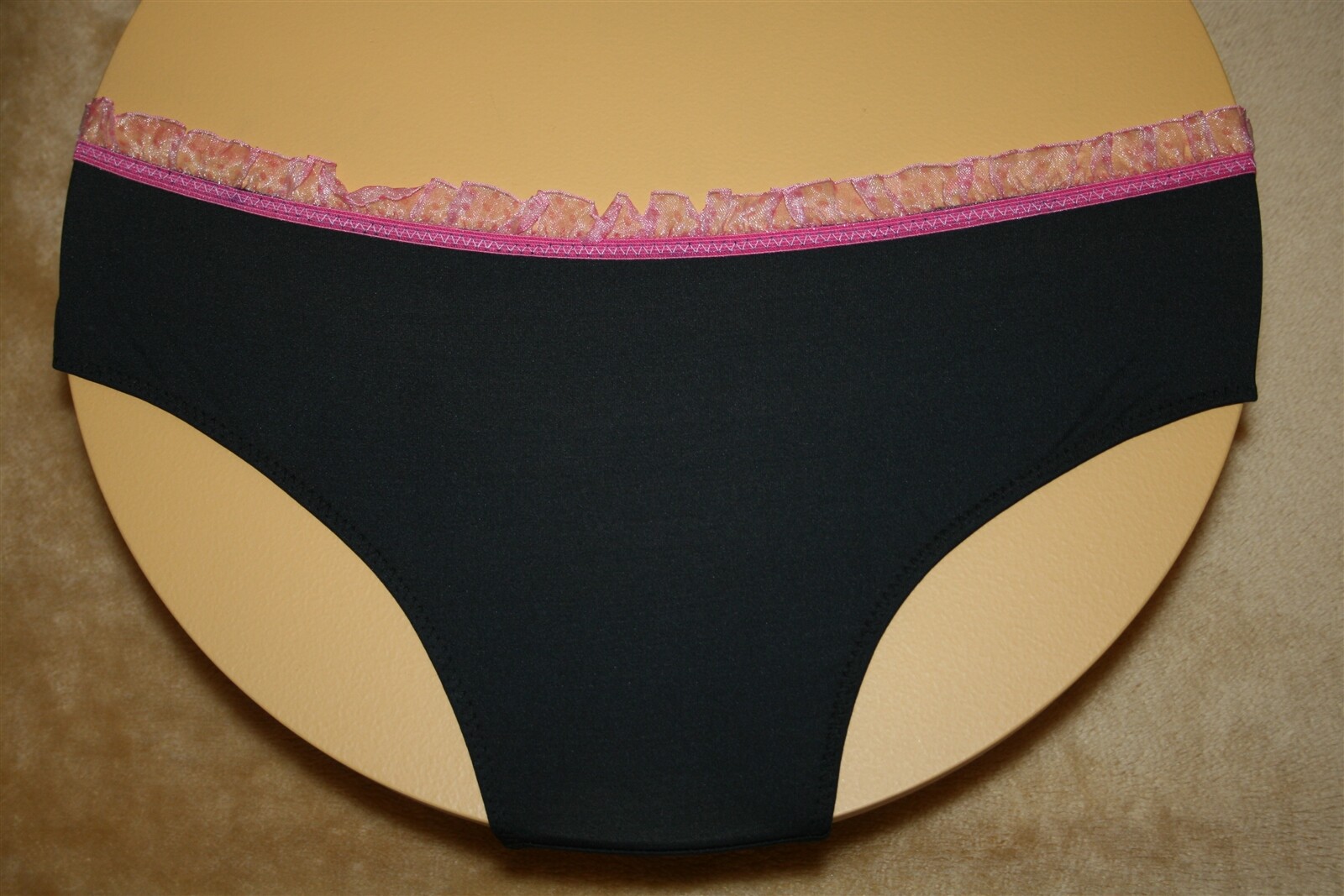 Midnight Black Brief w Pink Polka Dotted Ruffled Lace Band & Bow – No Size