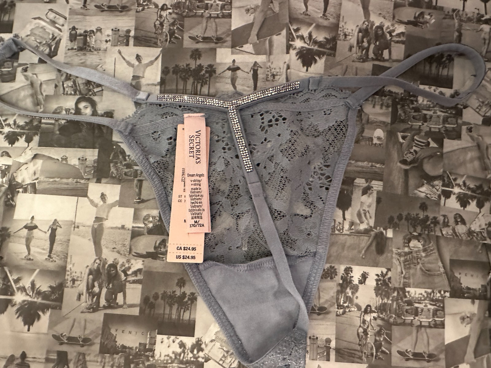 NWT Victoria’s Dream Angels Twinkle Silver Lace V-String Panty Blue Grey Medium