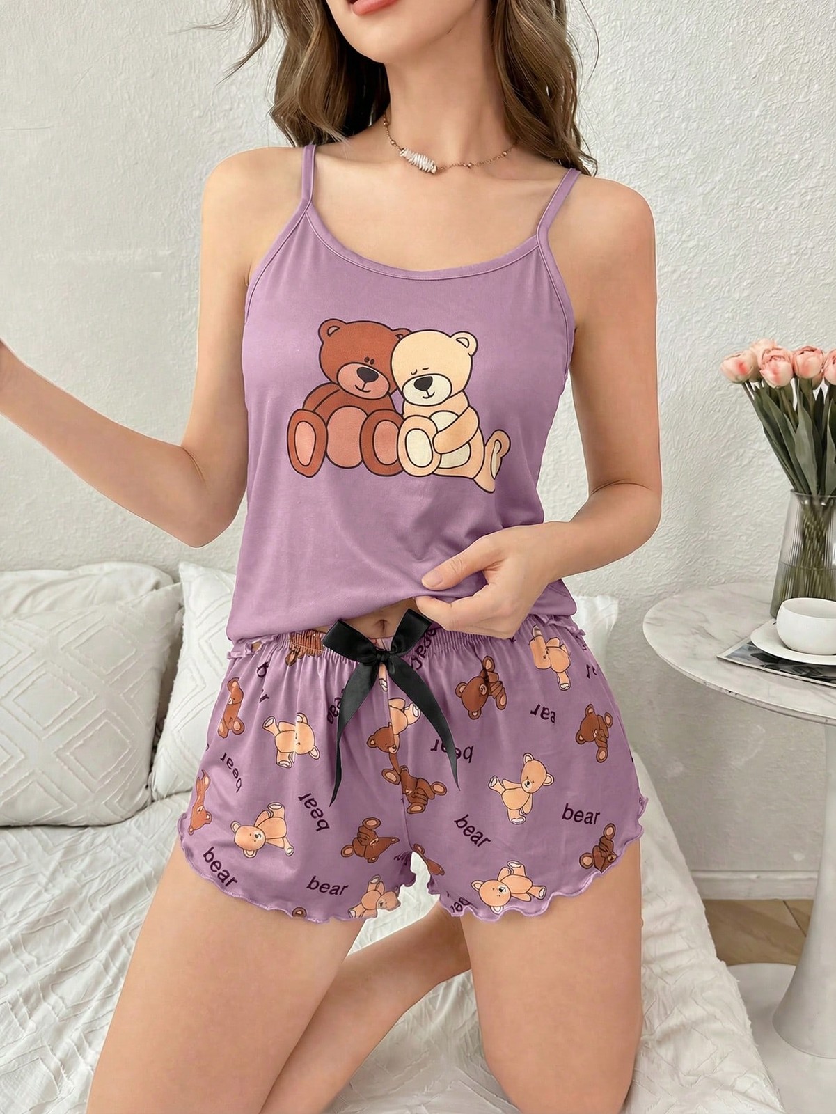 Ladies 2 Piece Bear Pattern Strappy Top and Shorts Pyjama Set Cheap24