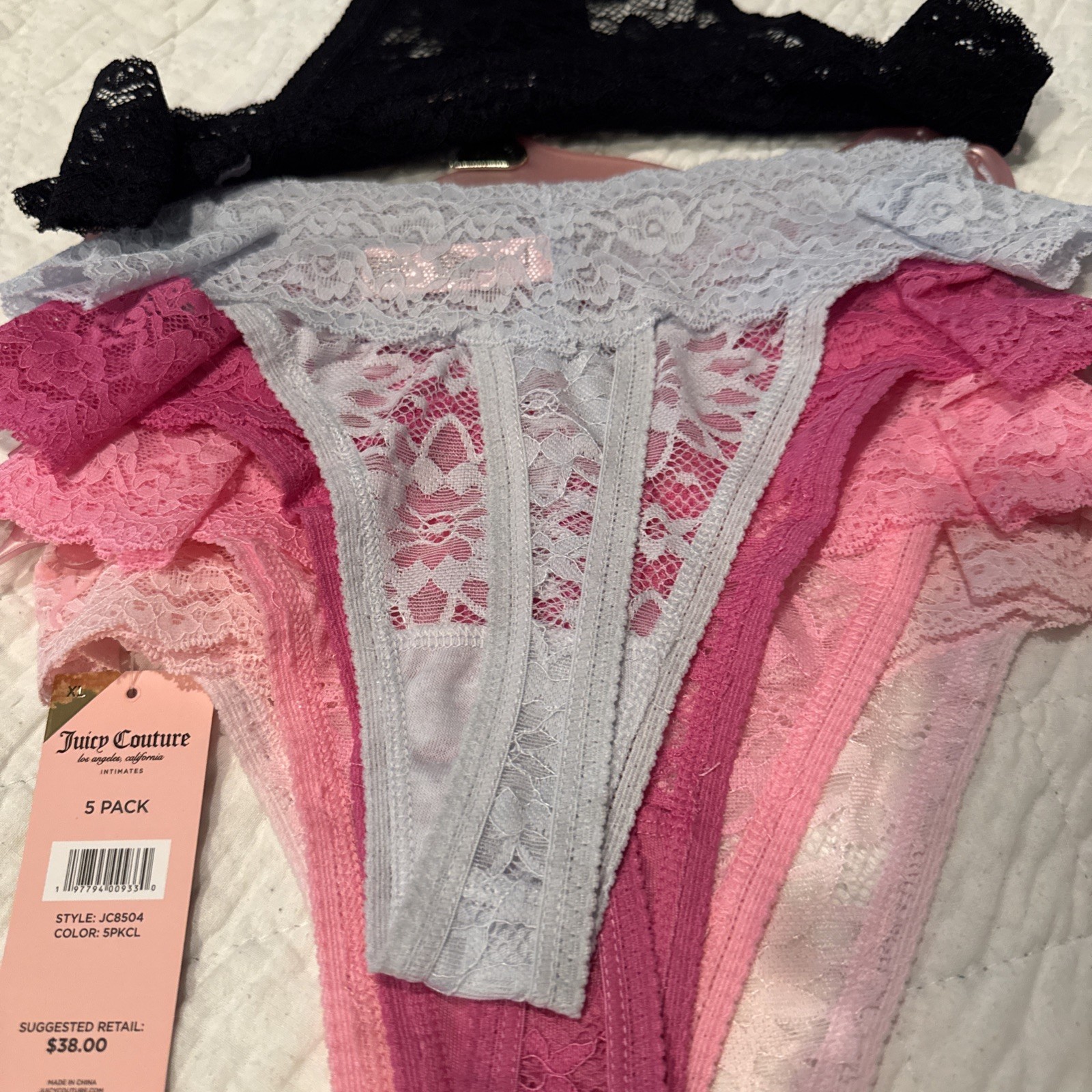 JUICY COUTURE INTIMATES 5 PACK THONG PANTIES NYLON SPANDEX SIZE XL LACE