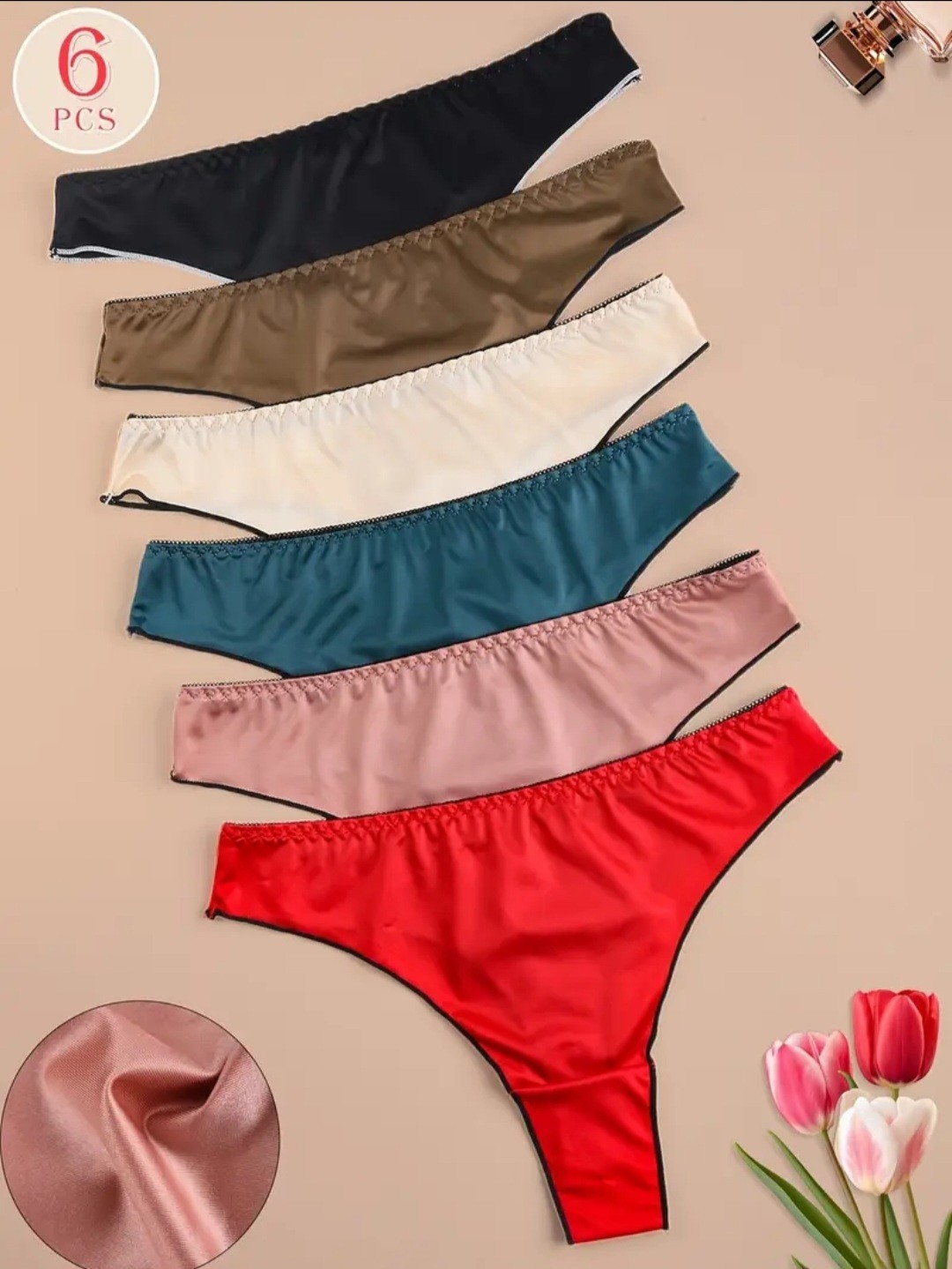 6 Pcs Satin Silky Thongs G String Women’s S M L XL Black Brown Red Pink Cream