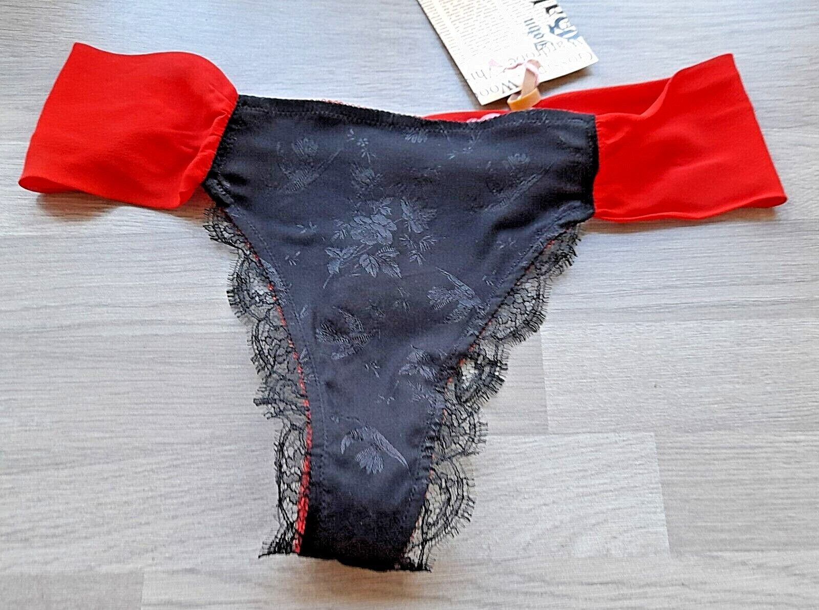 John Galliano BIJOUX Black/Red Silk/Lace High Leg Chiffon Banded Thong