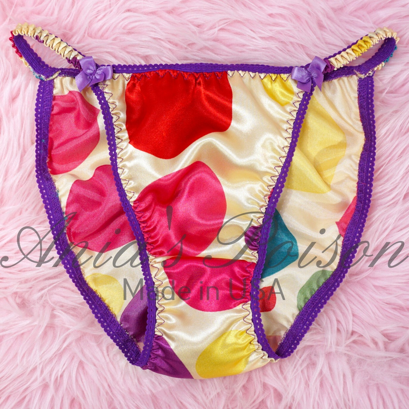 Rainbow Polka Dot Satin Panties Sissy DUCHESS CUT shiny ladies string bikini 5-9
