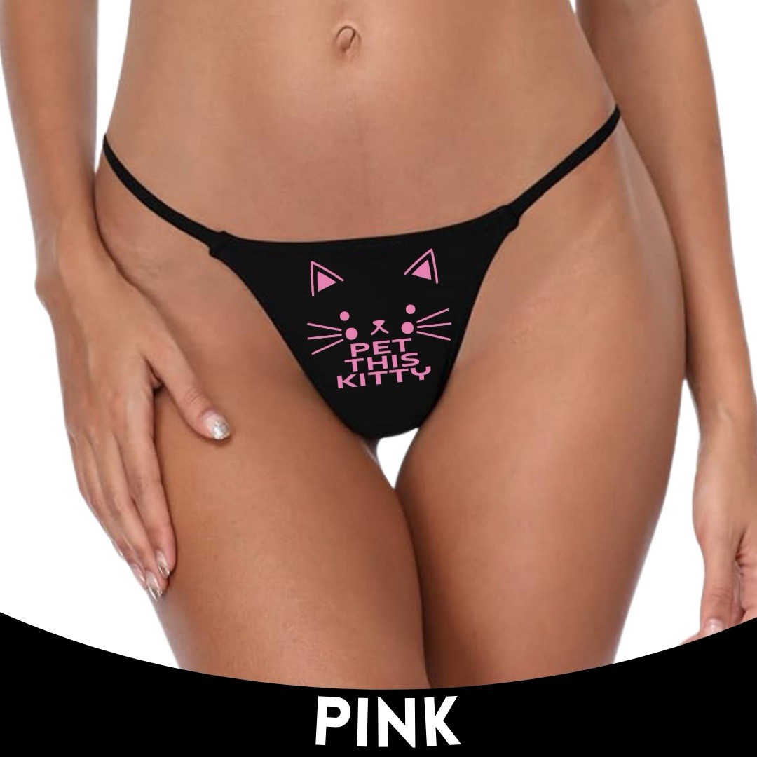 Pet This Kitty Thong – Flirty Black Cat Graphic Low Rise Cotton Panty