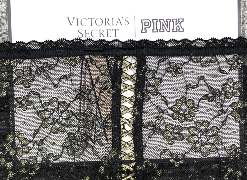 Victorias Secret NWT XXL Black Floral Lace Up Bikini Panty Shimmer Lacie 2XL