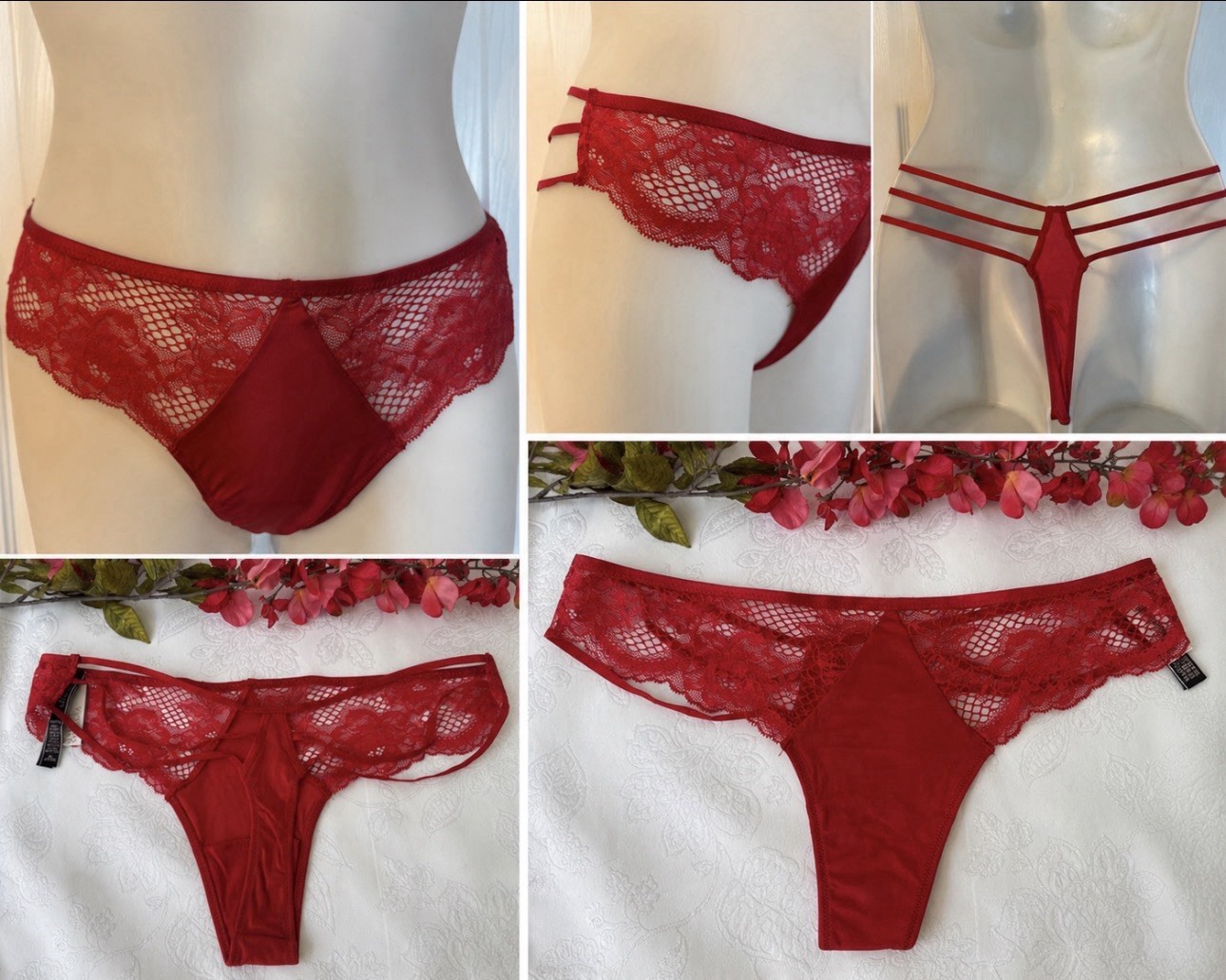 VICTORIA’S SECRET M RED SILKY W LACE CUT OUT STRAPPY OPEN SEXY THONG PANTIES NWT
