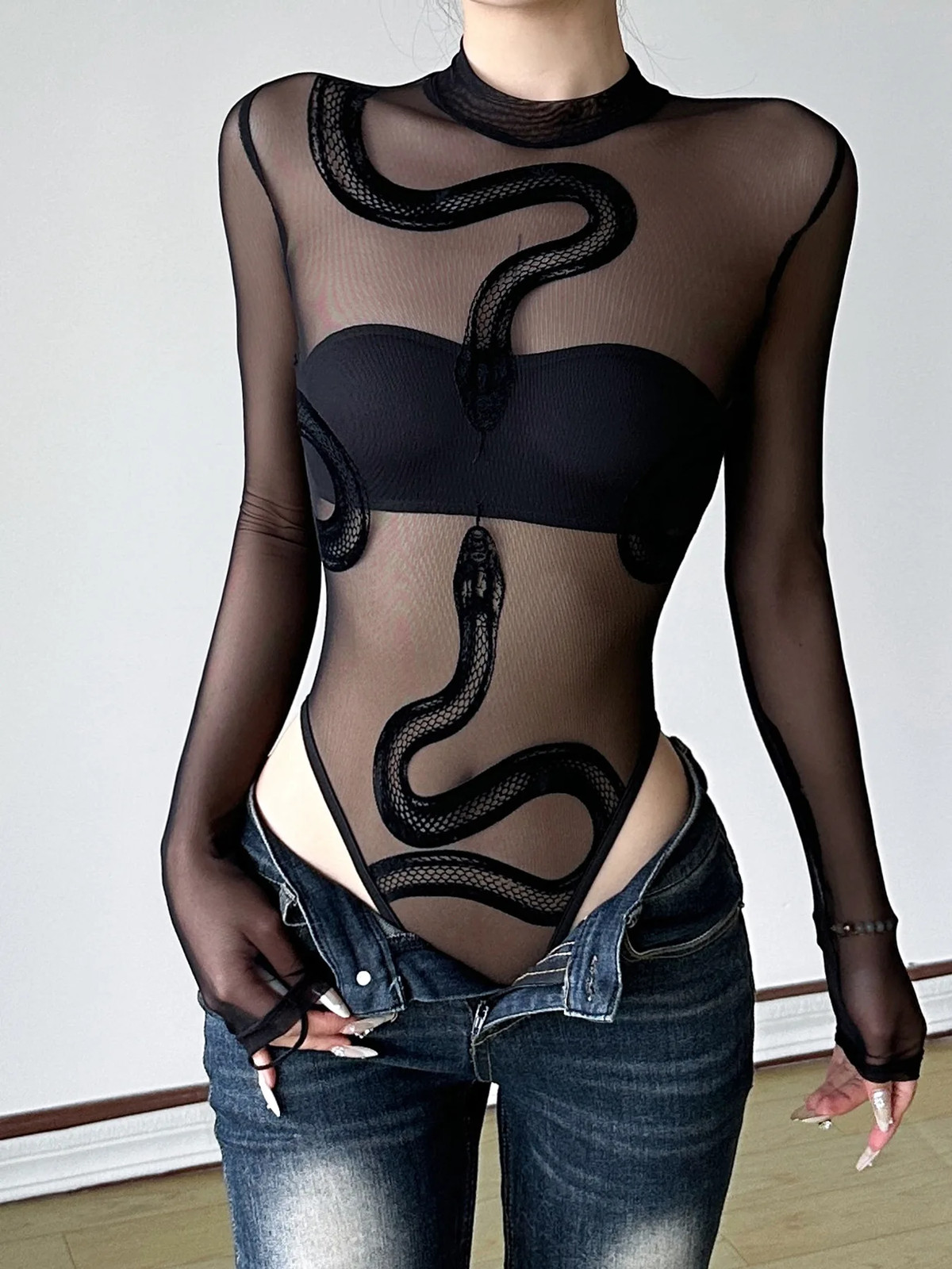 New spicy girl snake print perspective sexy splicing round neck mesh bodysuits