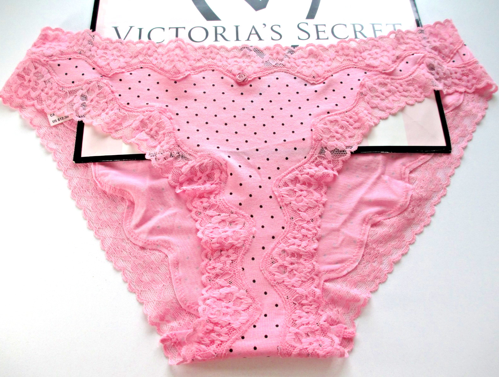 VICTORIA’S SECRET Cotton Bikini Panty S M L XL Pink NWT Polka Dot VS Lace Trim
