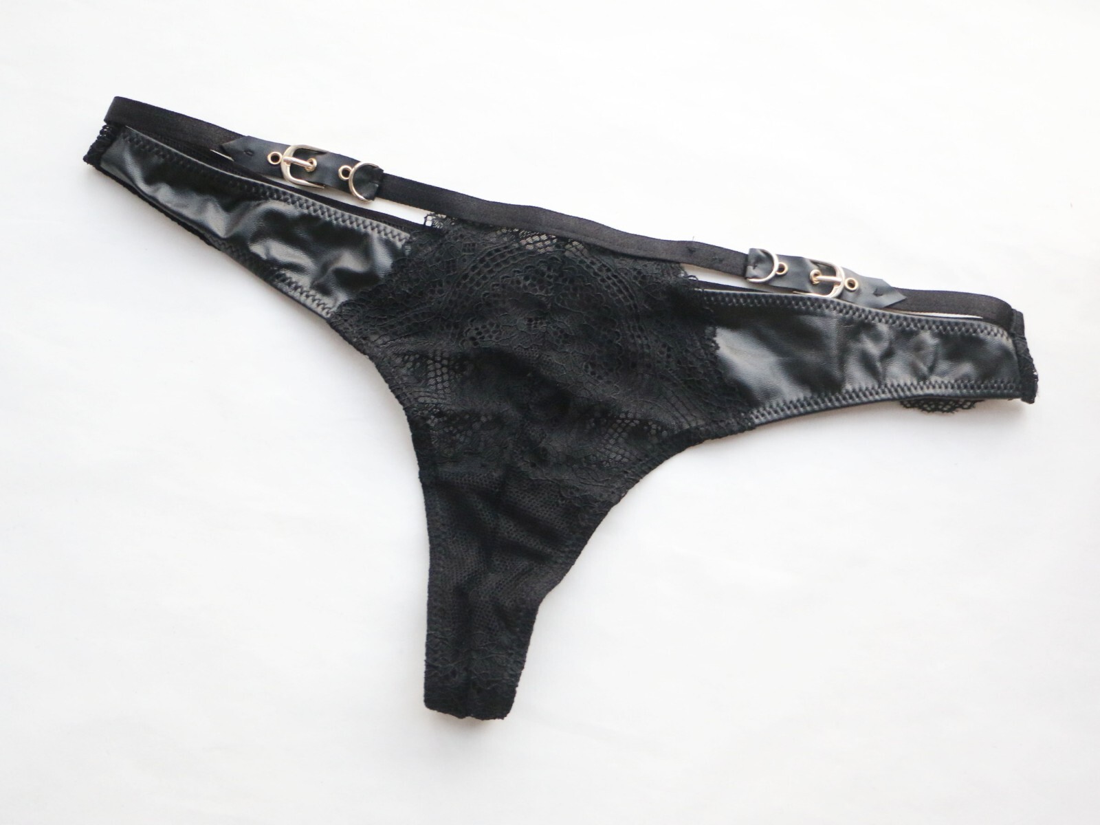 Women Sexy Thong Mesh&leather&metal Underwear Hipster G-string Panties Black XS