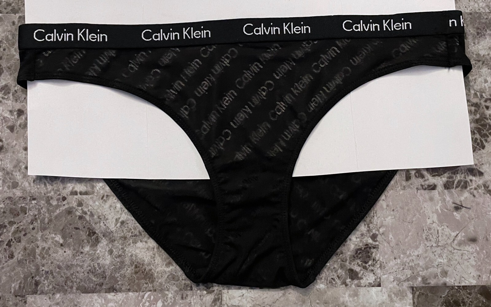 NWOT CALVIN KLEIN MEDIUM BLACK SHEER MESH LOGO THICK WAISTBAND BIKINI PANTIES