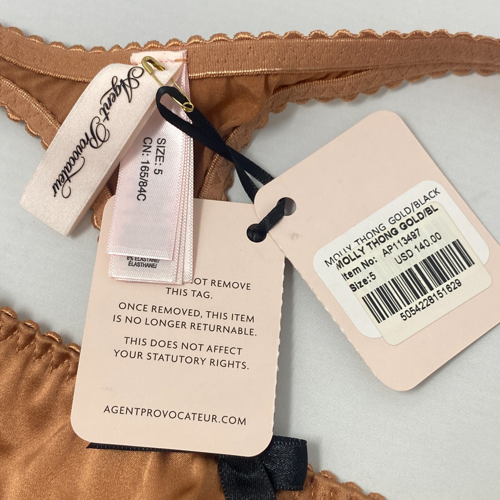 Agent Provocateur Molly Gold Silk Thong AP5 Extra Large NWT