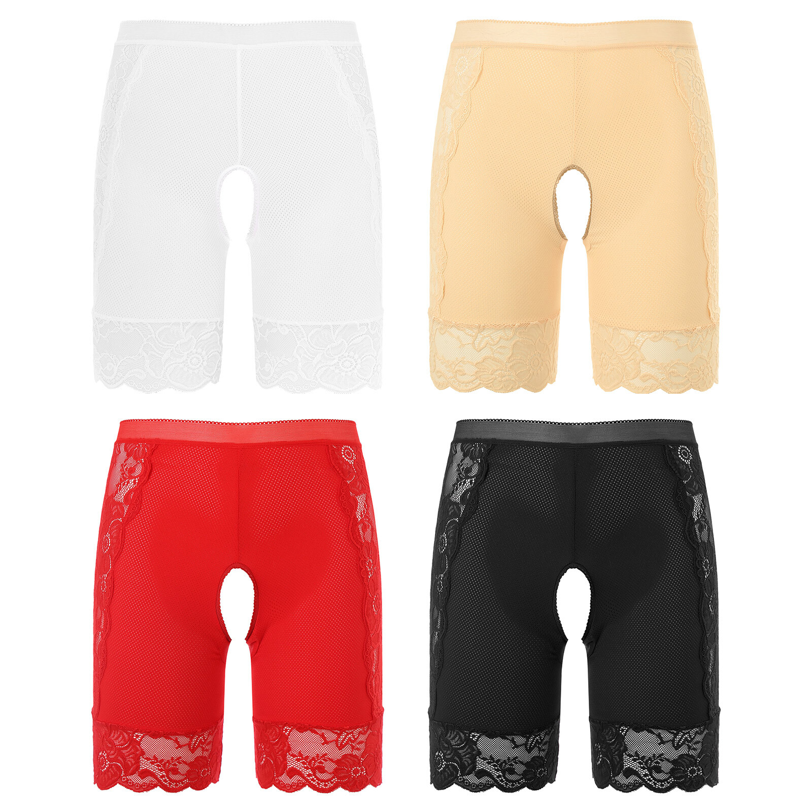 US Womens Seamless Lace Panties Shorts High Waist Crotchless Underwear Nightwear