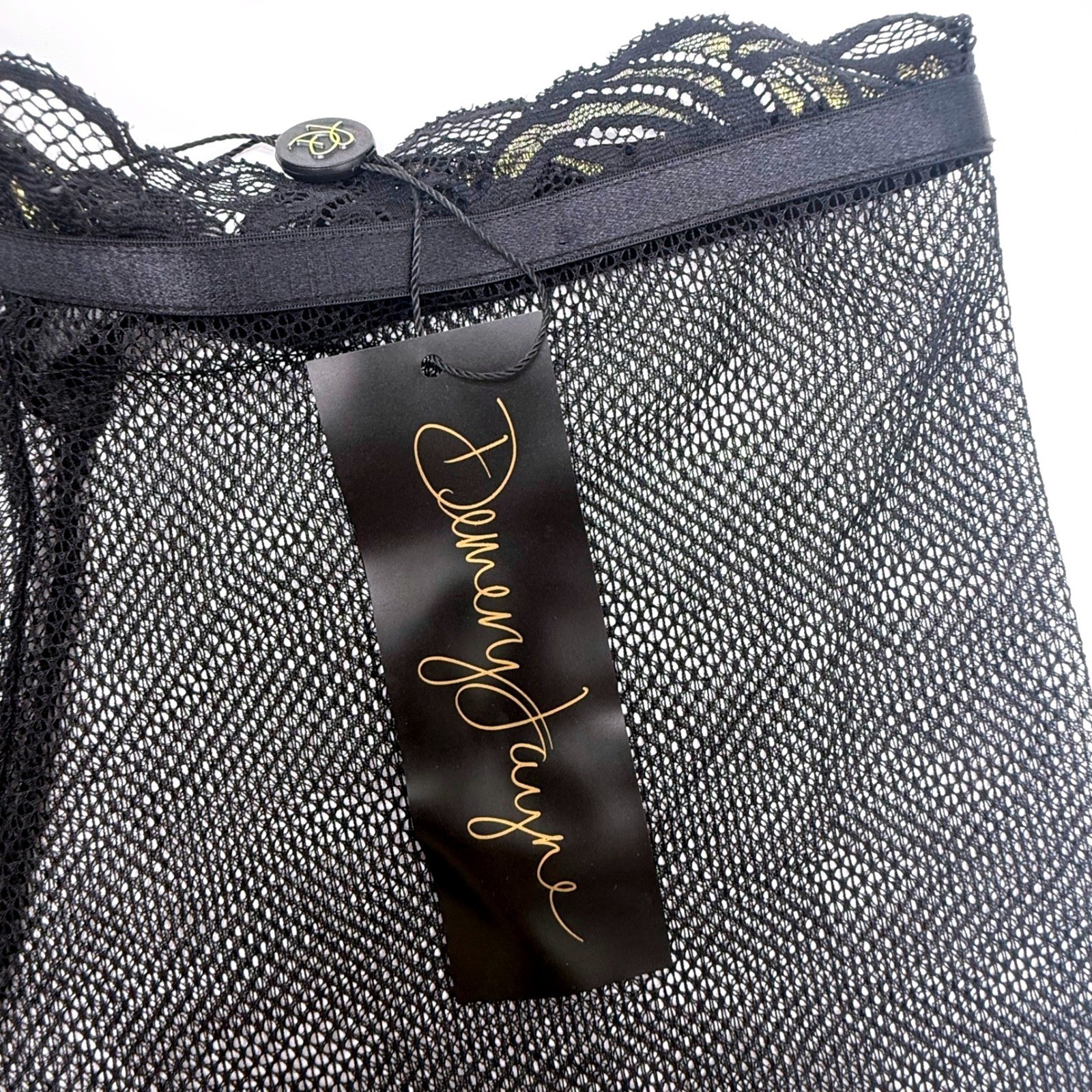Demery Jayne Black Mesh Lace Shorts Gold Metallic Trim Medium Sheer Layring NWT
