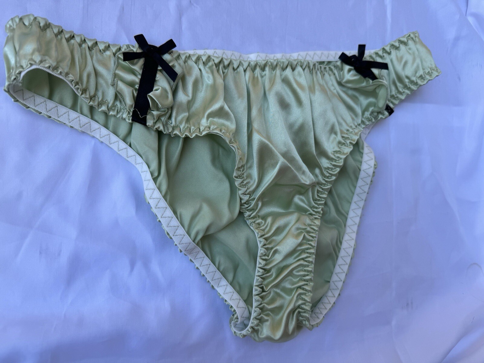 Light Moss Green Silky Satin Bikini Panties Ruffle Black Side Bows Sz XL