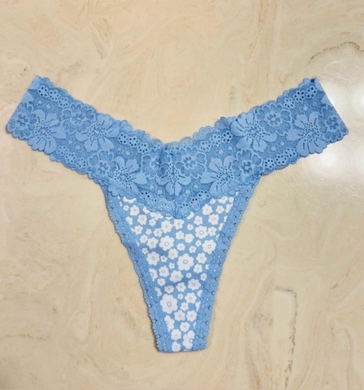 PINK VICTORIA’S SECRET Wink Lace Trim Thong Blue Dancer Baby Blue Floral MEDIUM