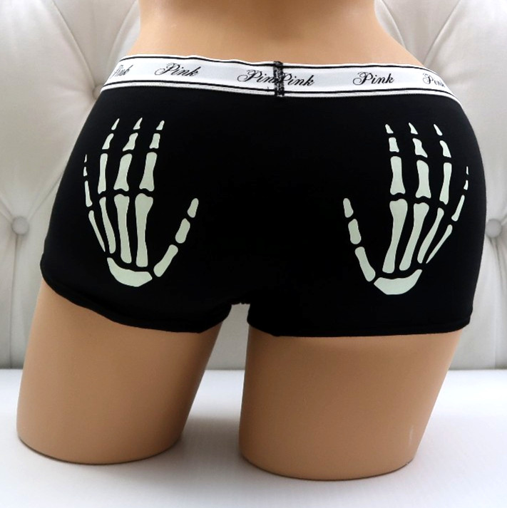 Victoria’s Secret Pink Logo Cotton Boyshort Panty Black Skeleton Hands M L XL XX