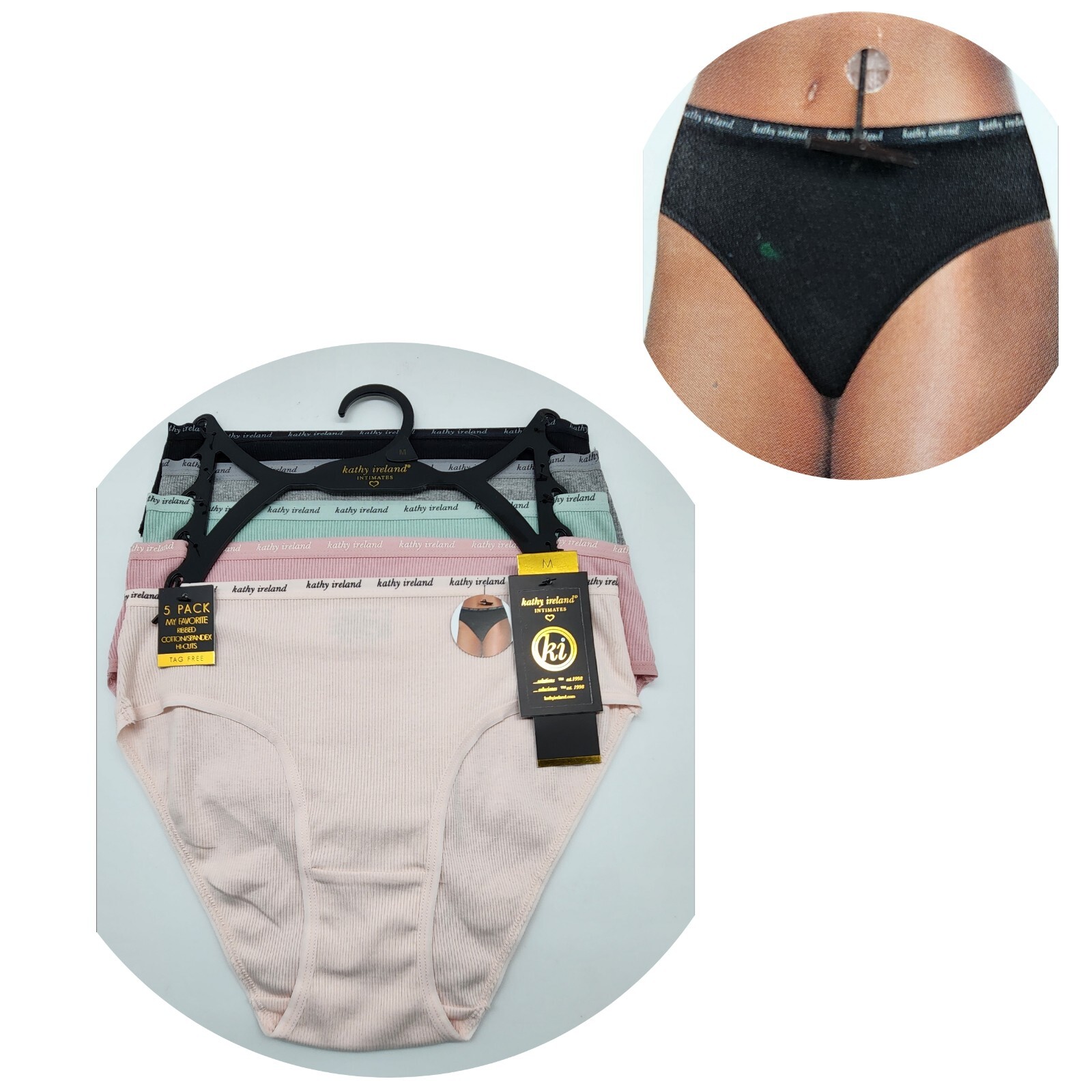 KATHY IRELAND 5Pk Women M L XL Cotton Hi Cut Panties Black Gray Pink Cream Green