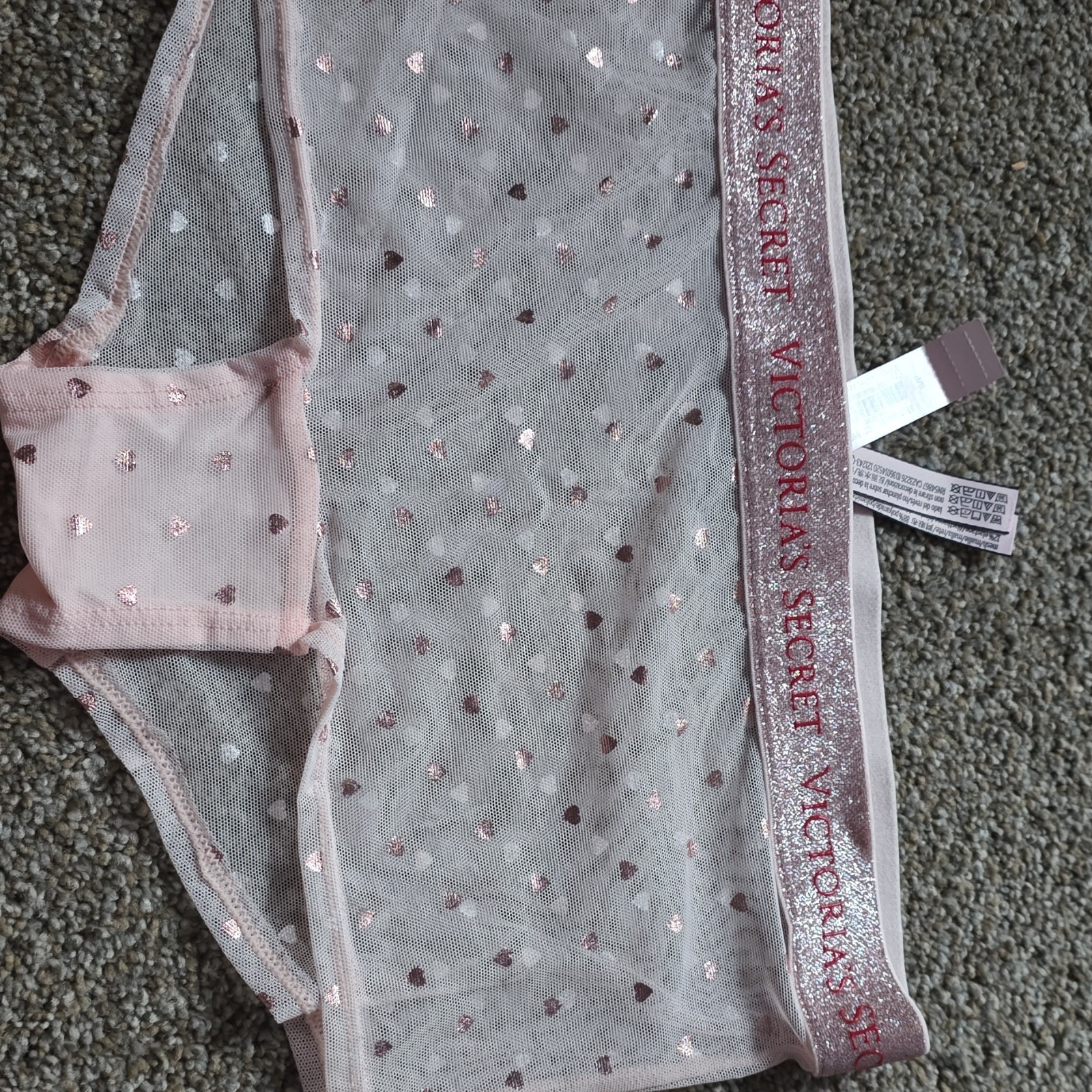 Victoria’s Secret Shortie Panties Pink Heart Mesh Glitter Waistband S/P/CH