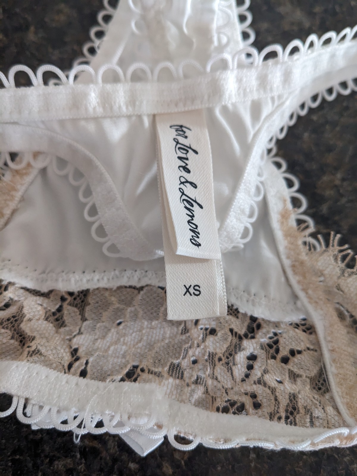 For Love & Lemons Lace Ruffle White Satin Cream Panties Thong XS panty