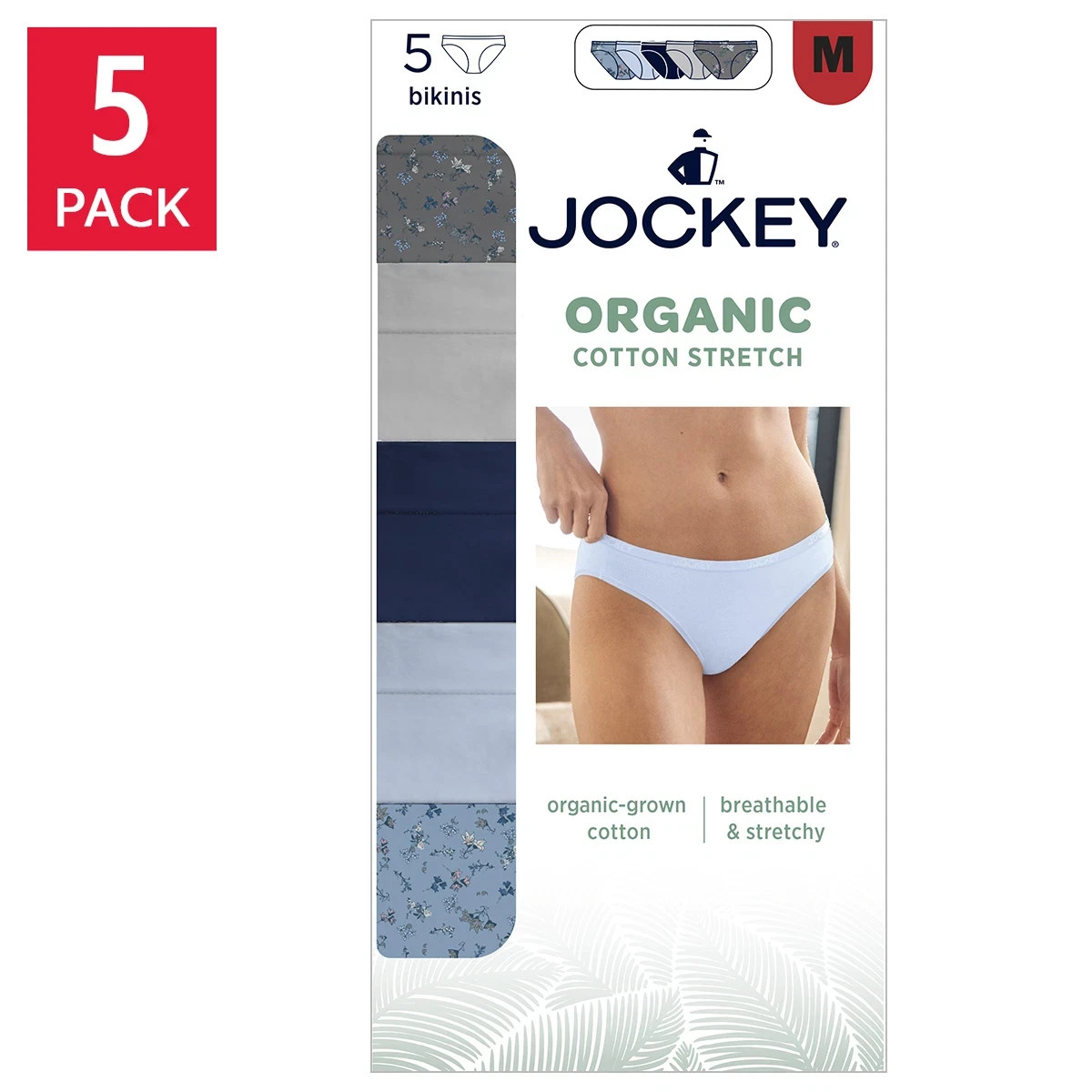 Jockey Women’s Organic Cotton Stretch Bikini 5-Pack, S- M- L- XL- New