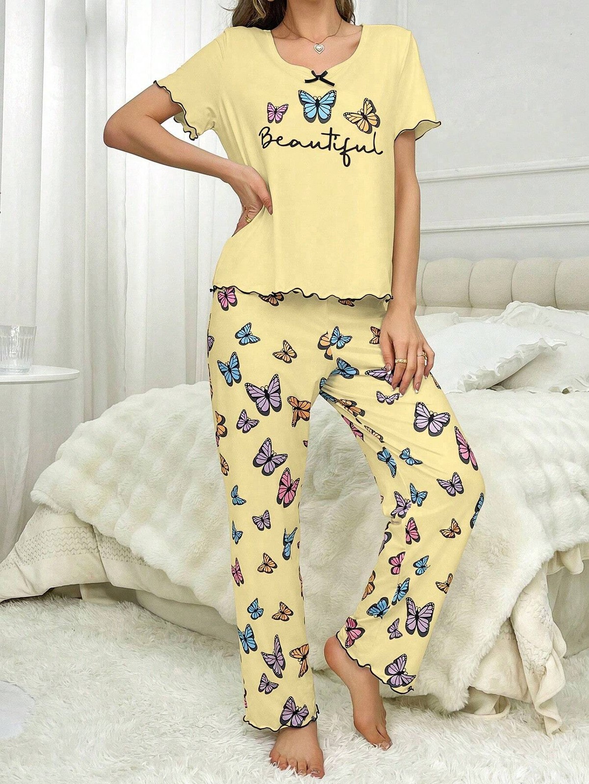 Butterfly Print Ruffle Top with Short Sleeve and Pants Ladies Pyjama Set Cheap24