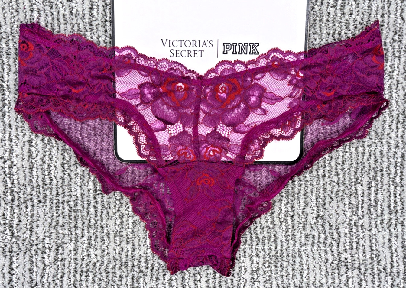Victoria’s Secret Very Sexy NWT Small Purple Rose Lace Floral Cheeky Panty Sheer