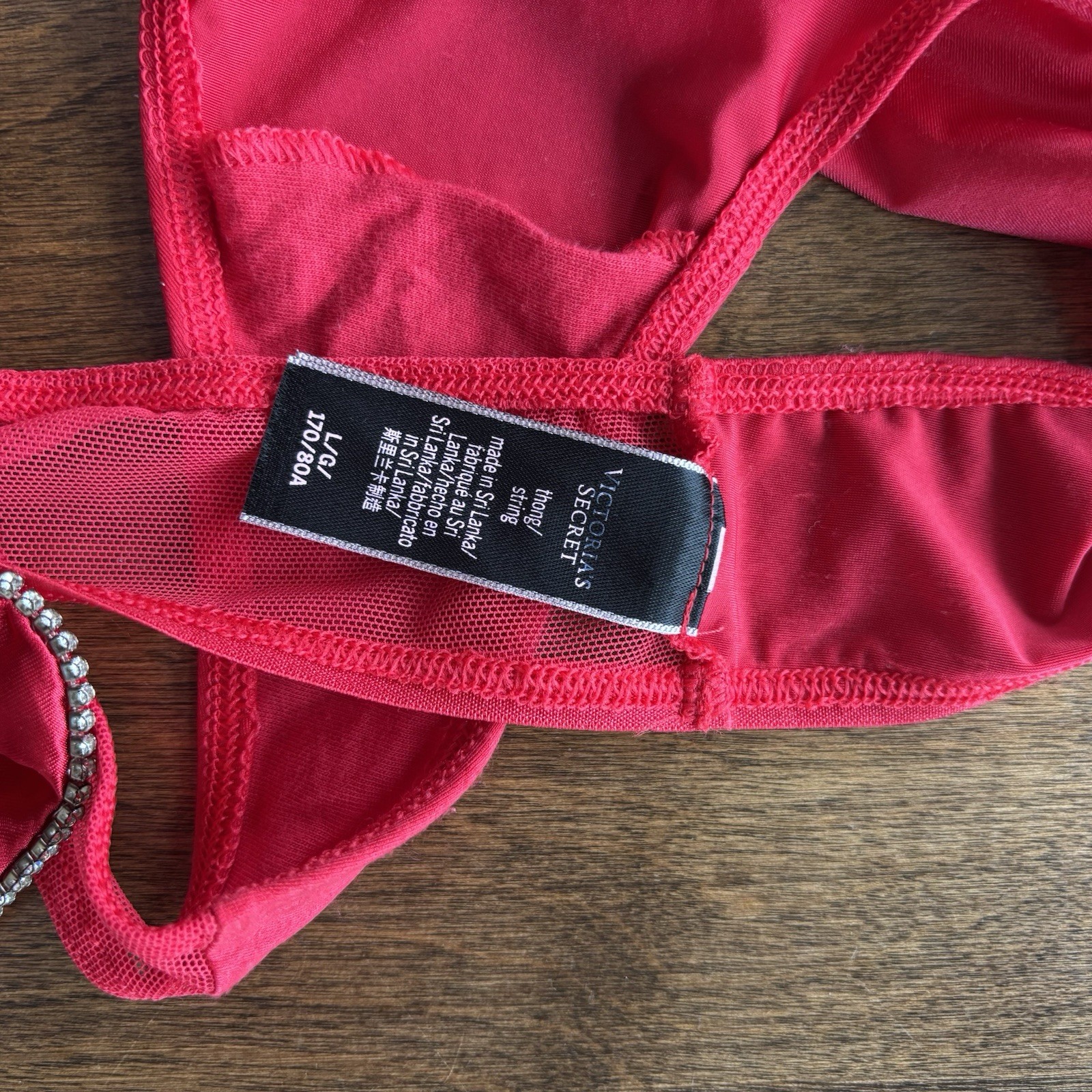 Victoria’s Secret Thong Panty Silky Rhinestones Gem Bow Red Shiny Large NWOT
