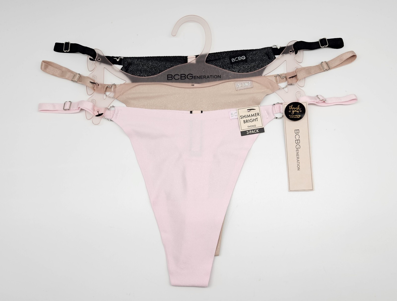BCBGeneration 3 Pack Women’s S M L XL Shimmer Thong Panties Gray Beige Pink