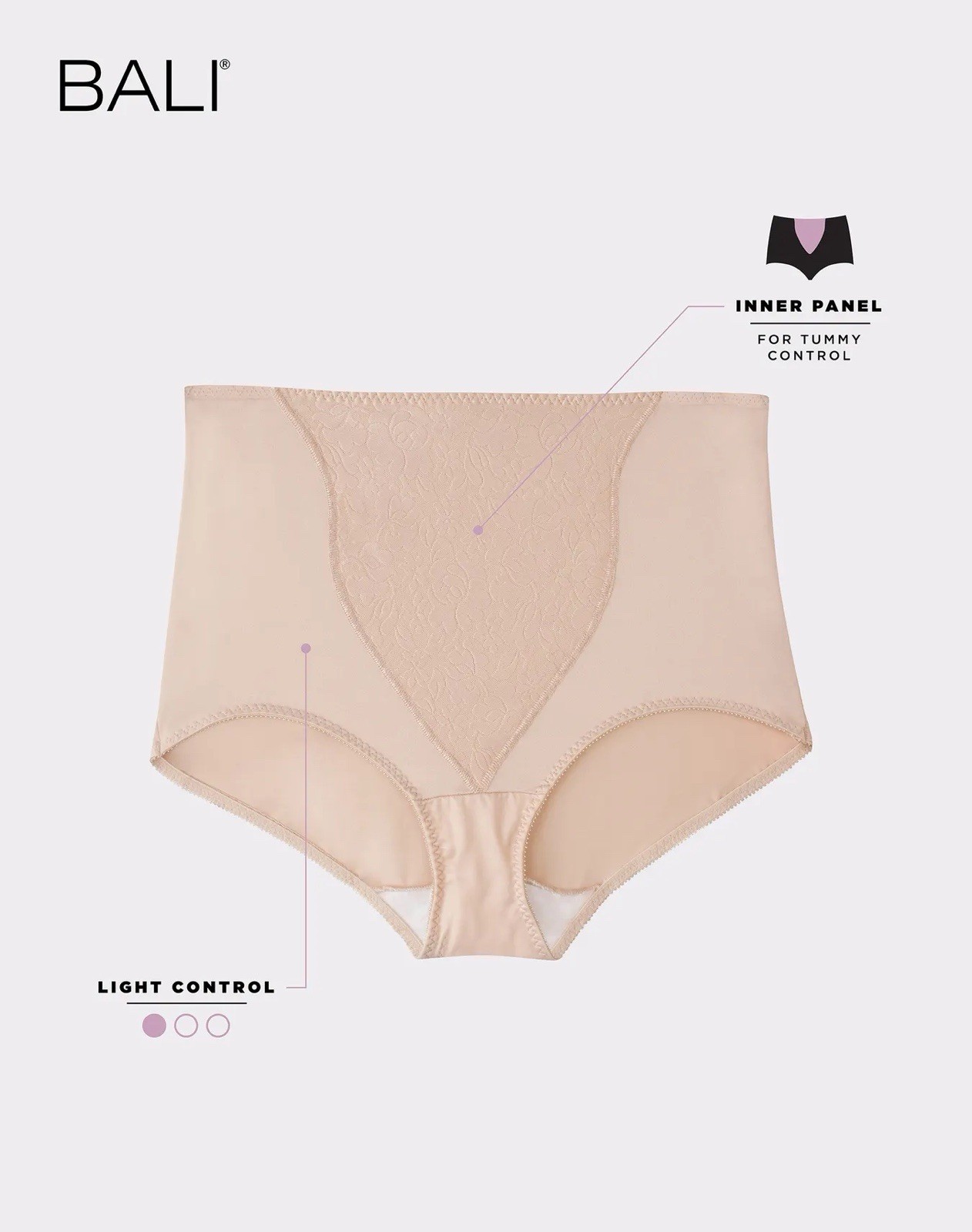 NWT Bali Elegant Lace Panty Set of 2 Lace Panel Shaping Brief, DFX372 Soft Taupe