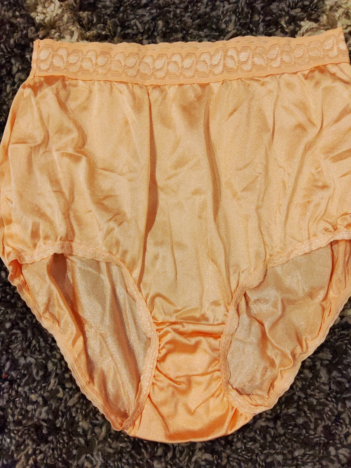 1 Pair PINK brand 100% Nylon Brief Panties, Size 8 Wide Lace, Peach