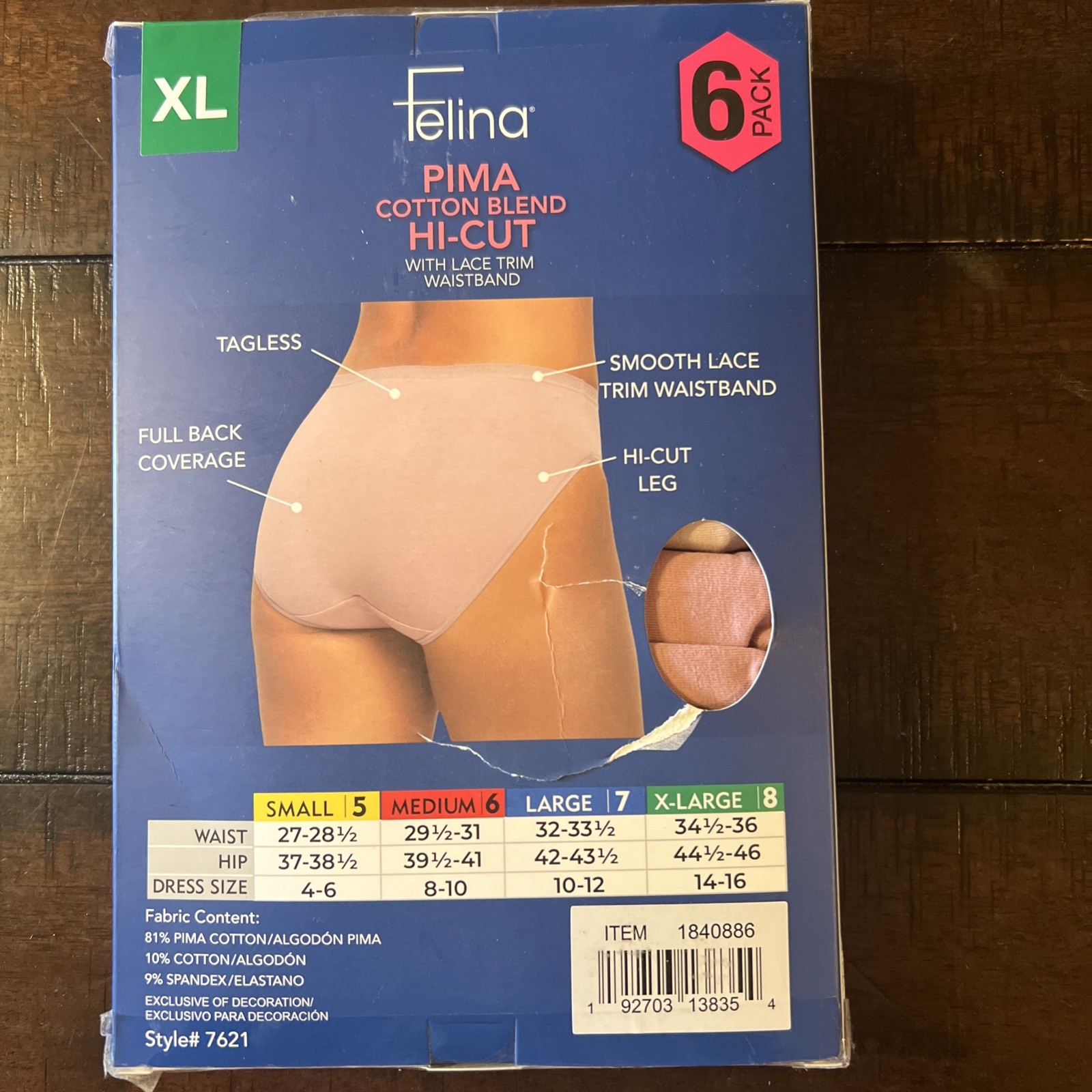 Felina 6 Pk Pima Cotton Blend Hi-cut with Lace Trim Waistband, Multi, XL