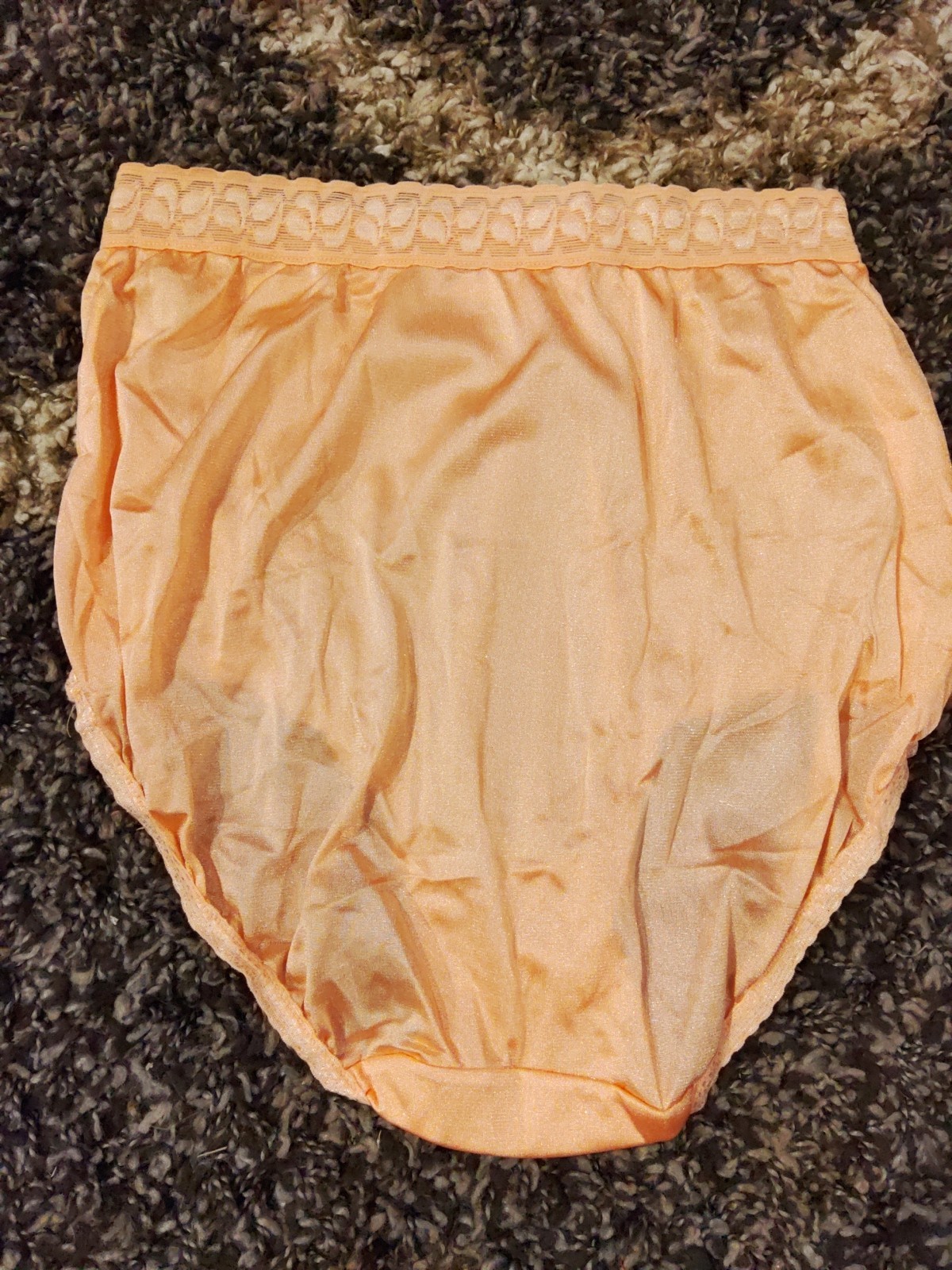 1 Pair PINK brand 100% Nylon Brief Panties, Size 8 Wide Lace, Peach