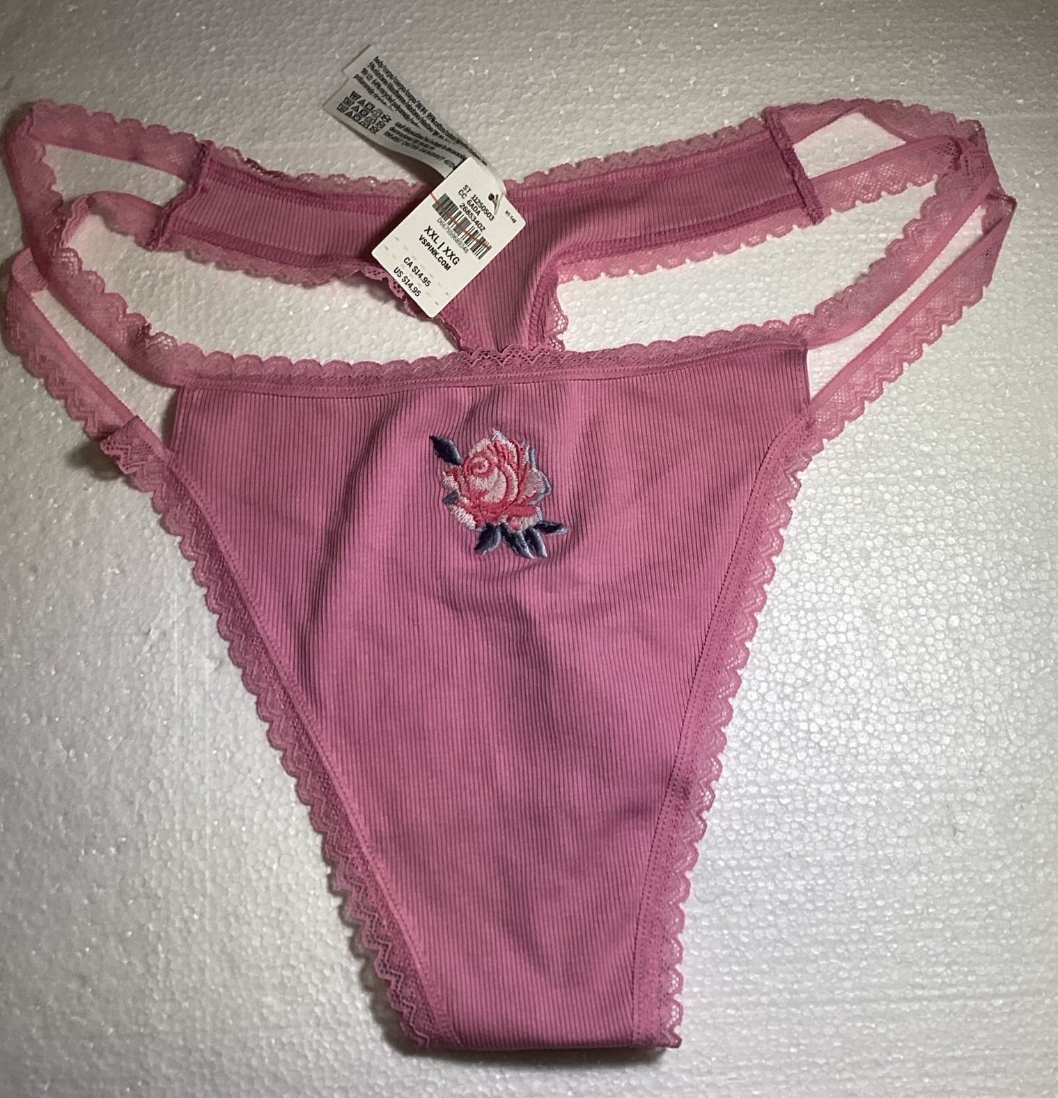 Victoria’s Secret PINK Women’s Pink Ribbed Cotton Rose Embroidered Thong XXL