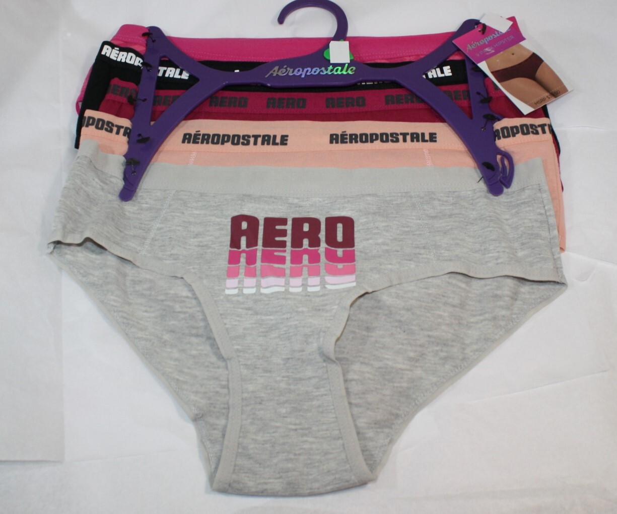 NWT set of 5 AEROPOSTALE cotton blend HIPSTER panties GRAY PINK GRAY BLACK PEACH